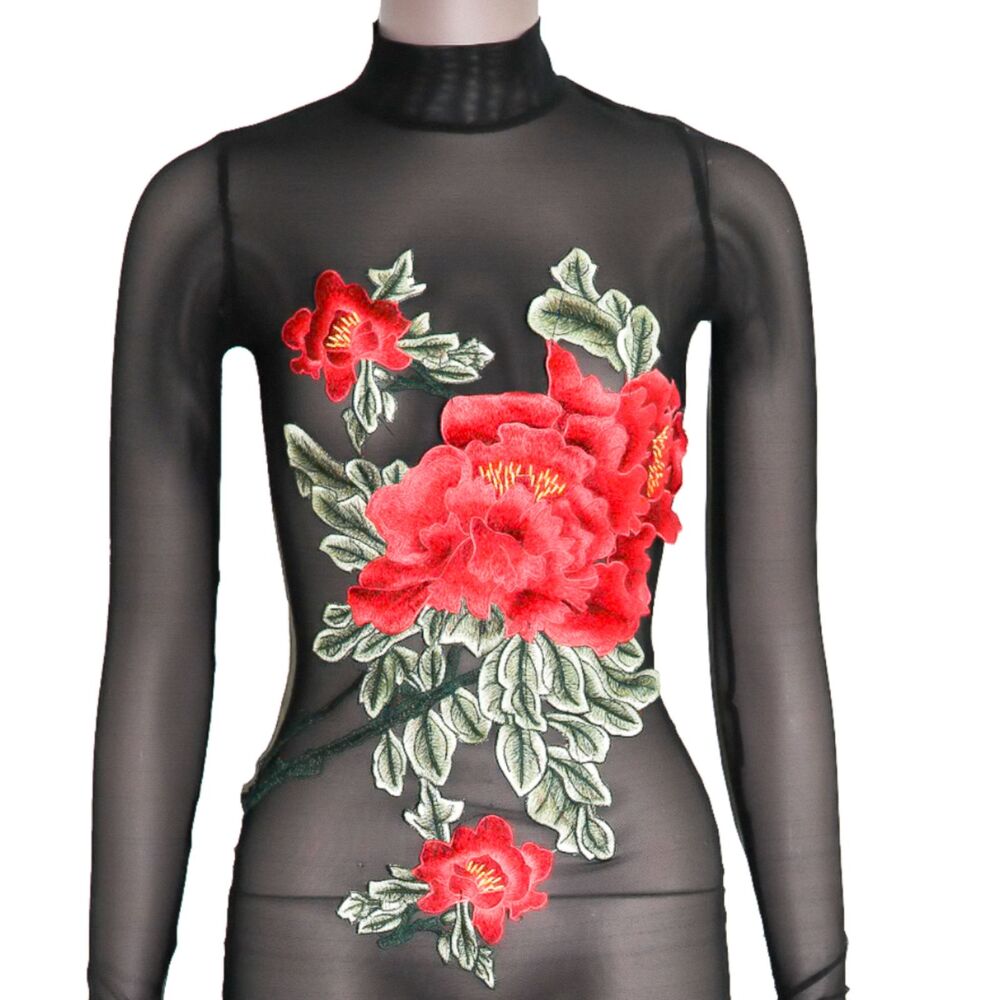 Black Sheer Floral Mesh Jumpsuit Size Small Catsuit - Picture 5 of 7